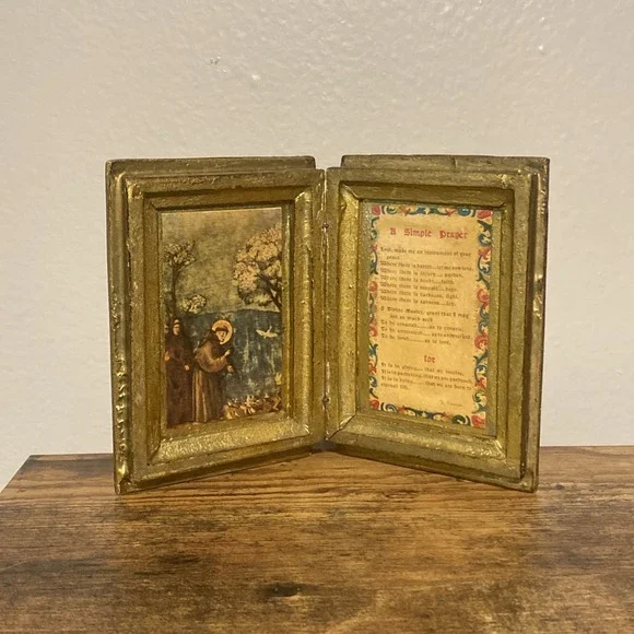 Antique Gold Gilt Florentine Wood Diptych Saint Francis Assisi A SIMPLE PRAYER - Picture 1 of 15